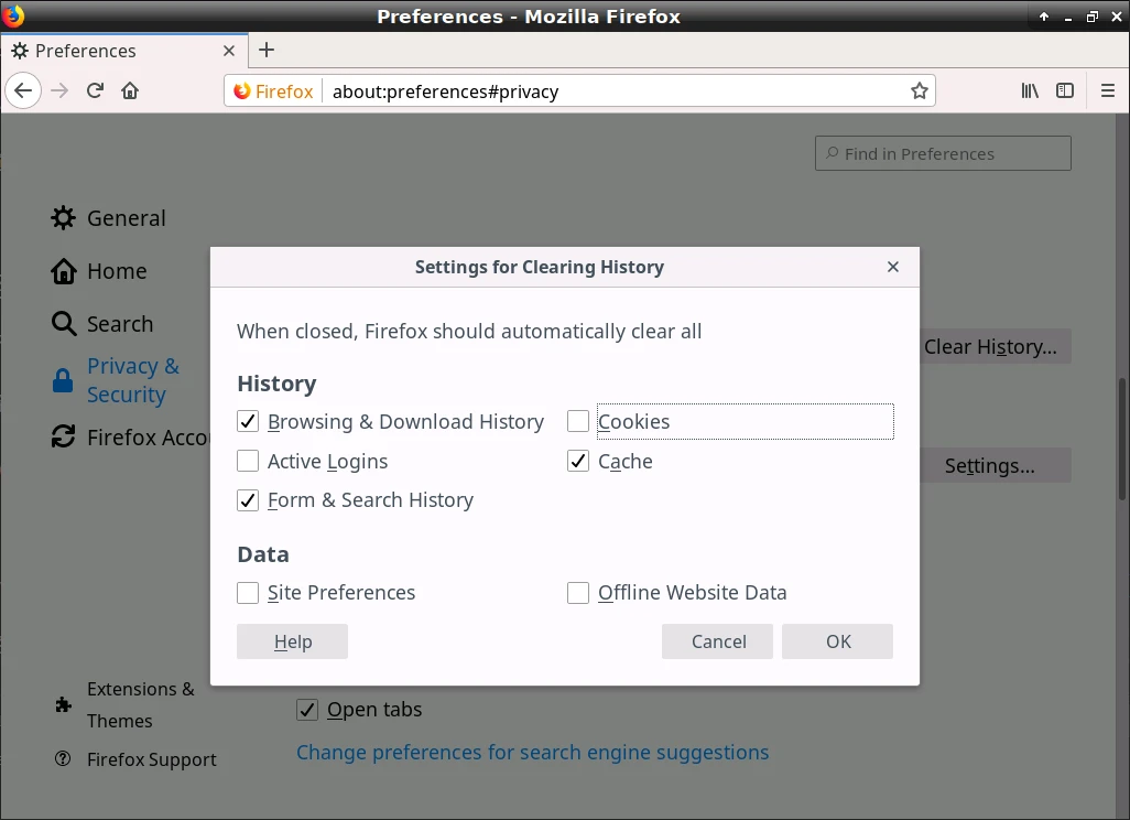 Firefox 设置 - Settings for Clearing History