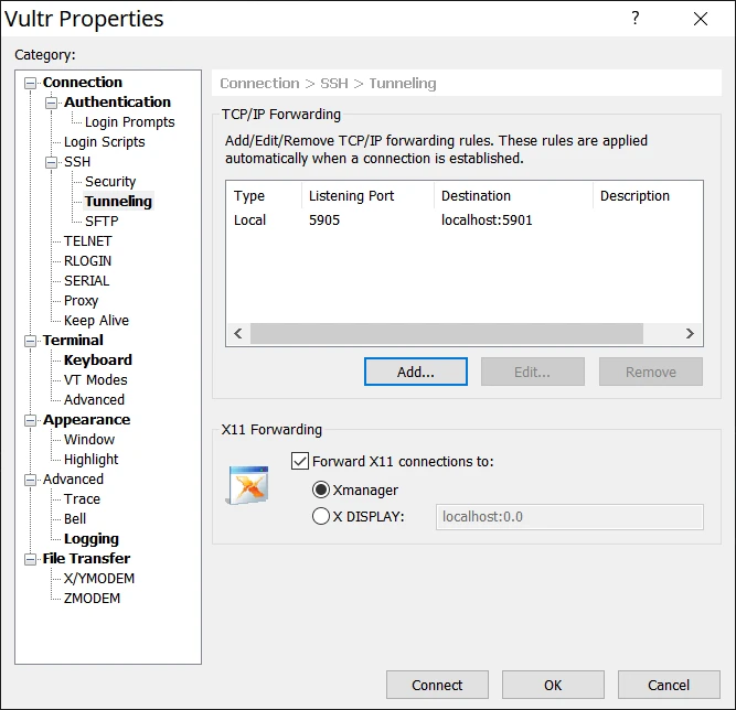 Xshell 配置 - Connection > SSH > Tunneling